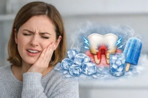 Persona con expresión de molestia dental por sensibilidad al frío
