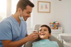Dentista revisando la boca de un niño, mostrando el diagnóstico y tratamiento de la caries infantil