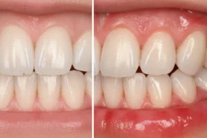 Acumulación de placa y sarro en dientes como causa de enfermedad periodontal avanzada.