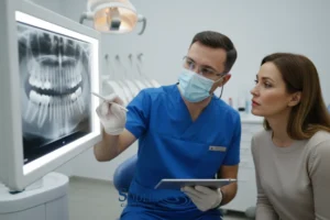 Radiografía dental mostrando reabsorción radicular en molar con dentista explicando diagnóstico.