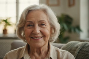 Adulto mayor sonriendo con expresión natural y cálida, primer plano.