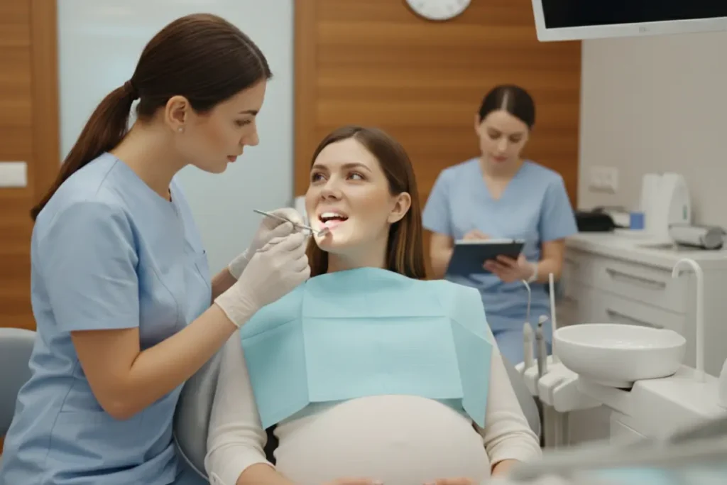dentista revisando la salud bucal en el embarazo