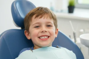 Niño sonriendo después de recibir tratamiento por un traumatismo dental