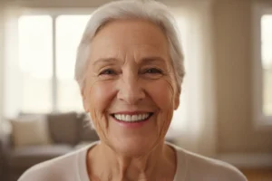 Adulto mayor con sonrisa saludable recibiendo atención dental en clínica